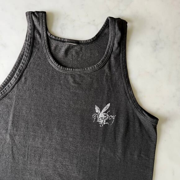 Vintage 80s Playboy Smurf Iron On Two Sided Black Tank Top / S M - Picture 1 of 7